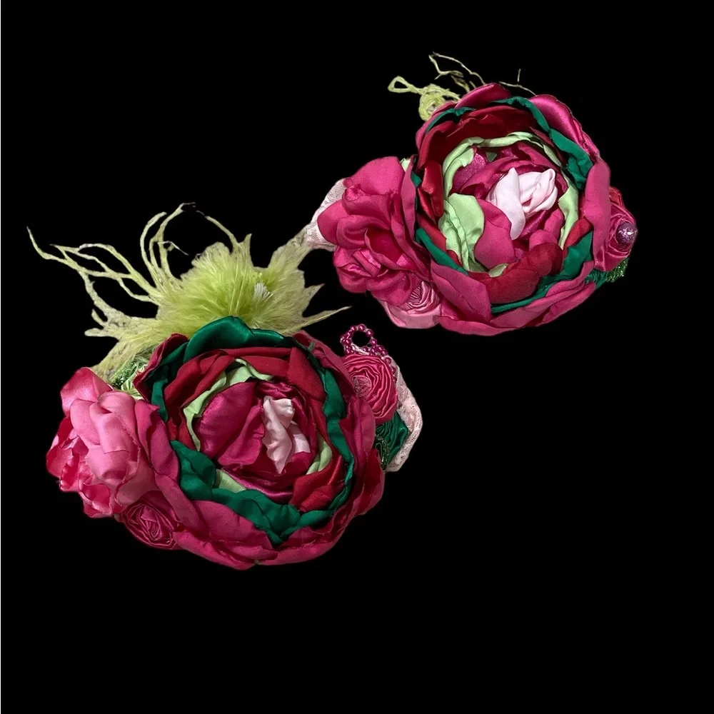 Oversized satin hair bow flower headband satin feather pearl & lace pink green